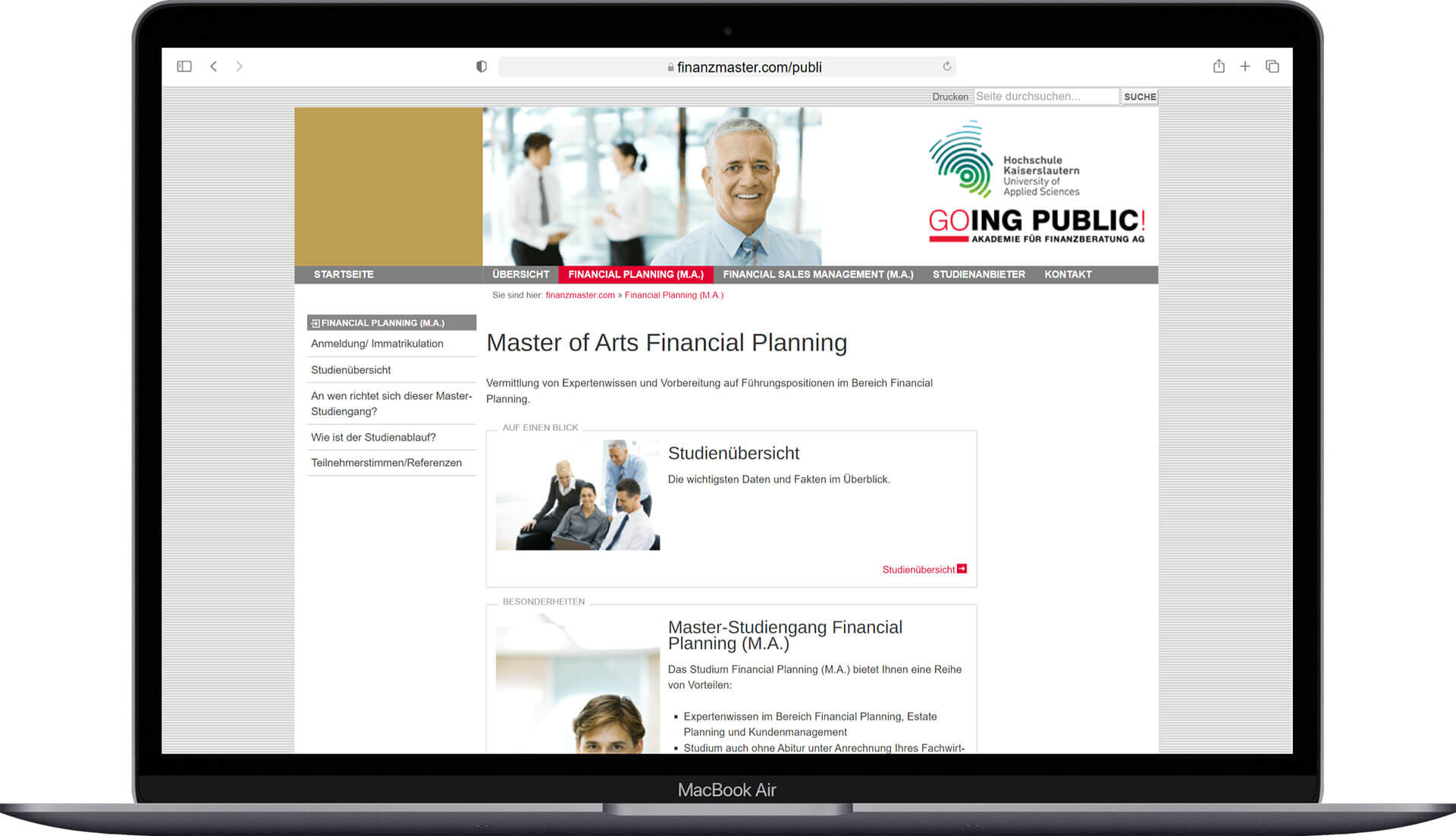 Homepage des Master of Financial Planning