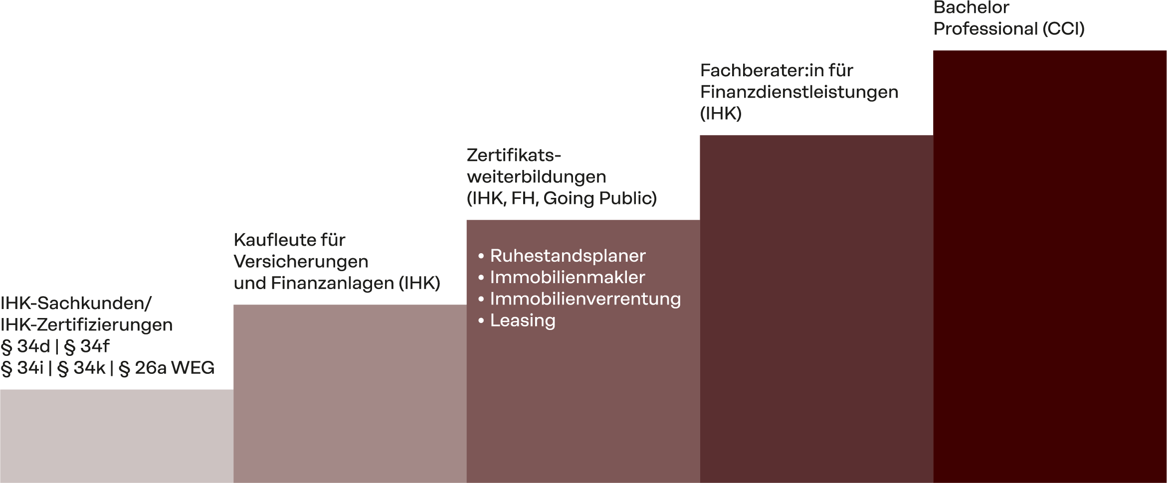 Grafik der Going-Public-Qualifikationstreppe: fünf aufsteigende Stufen in abgestuften Rottönen, von der Grundqualifikation bis zur Spitzenqualifikation.